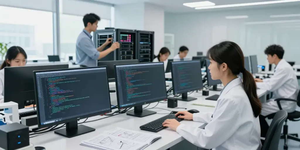 Team developing innovative solutions for Enterprise AI in a modern tech lab.