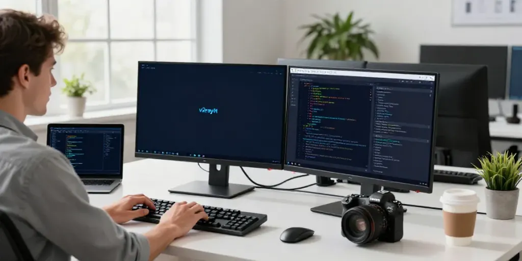 v2rayN官网 interface displayed on dual monitors in modern tech workspace with vibrant decor.